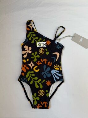 KITH Kids Black One-Shoulder Swim Suit with Multicolor Graphic Print